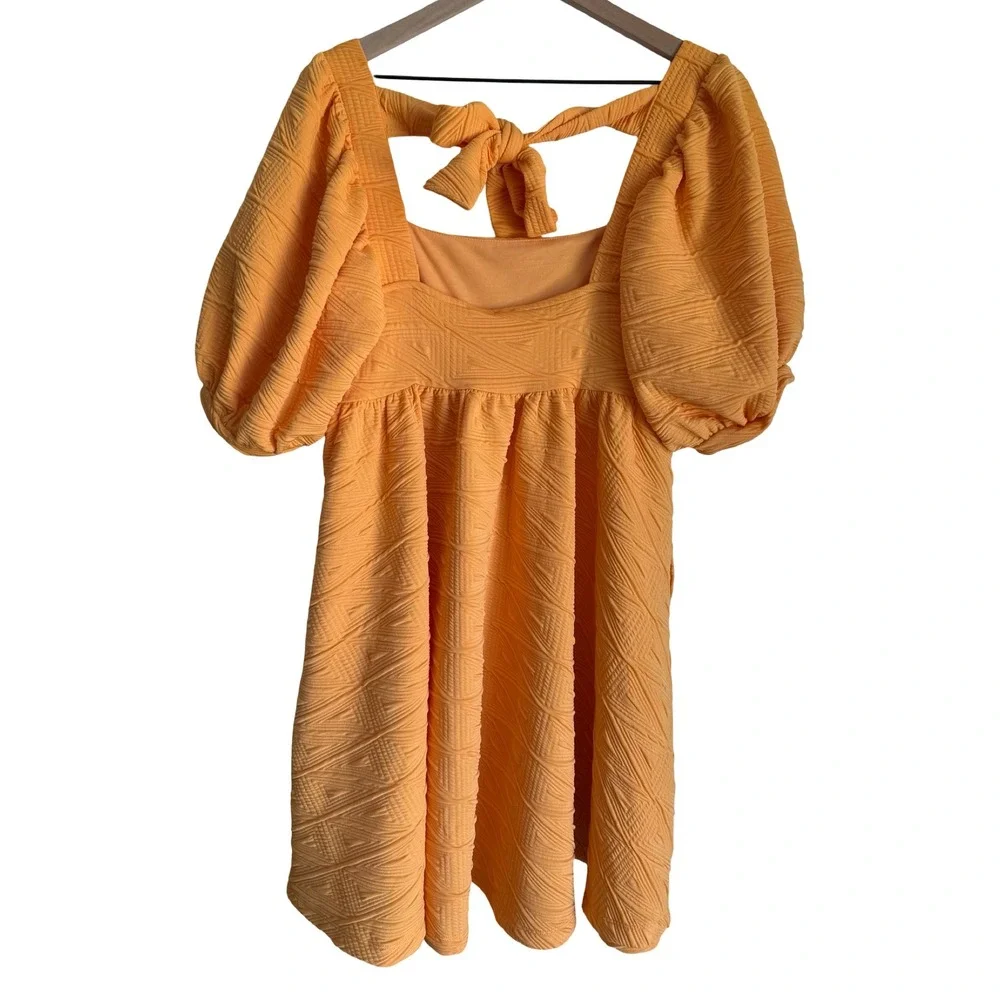 Free People Orange Textured Puff Sleeve Tie Back Mini Dress Small OB1140618